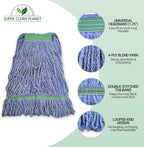 Super Clean Planet Heavy Duty Mop Head Refill (3-Pack) – Industrial Blue Cotton, Looped-End Wet Mop Heads for General, Commercial, Janitorial & Floor Cleaning