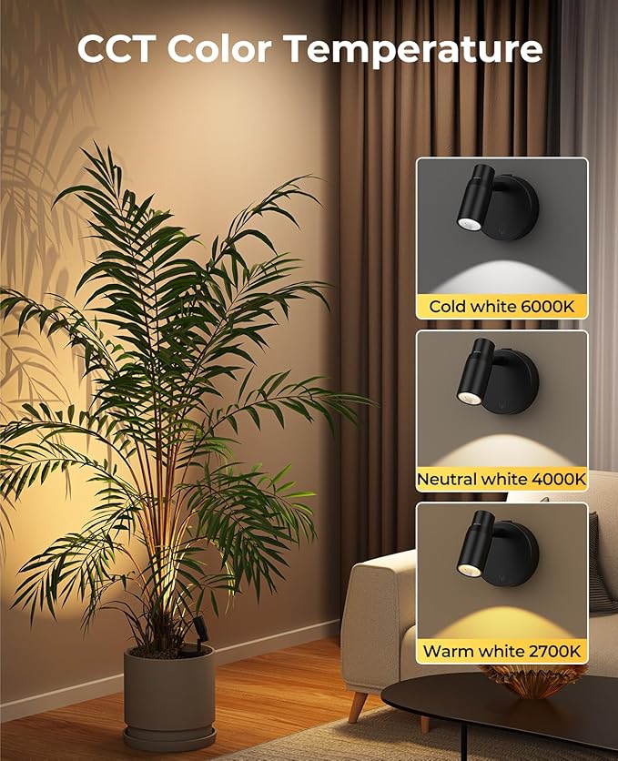 PESUTEN Spot Lights Indoor, Rechargeable Picture Light with Remote, Dimmable CCT Spotlight for Wall Art, 6000mAh Battery Uplights Indoor with Timer for Plant Artwork Painting Sofa Corner Black