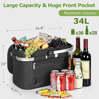 Tirrinia Large Insulated Picnic Basket, 34L Water Resistant & Leakproof Collapsible Portable Cooler Basket Set with Aluminium Handle for Travel,Foldable Grocery Bag, Black
