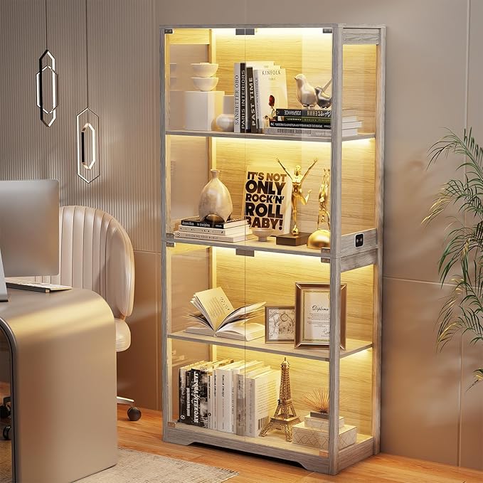 Display Cabinet with Glass Doors, 4-Tier Curio Cabinet with 3 Color Lights for Collectibles, Glass Display Case with Human Body Sensor, Bookcase with 4 Shelves, Storage Cabinets, Gray