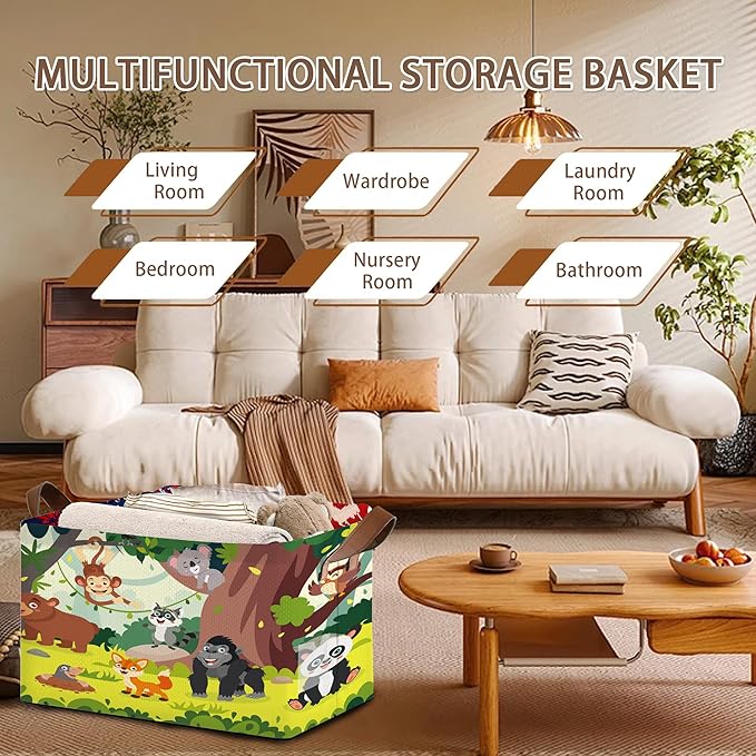 Animals Storage Basket Large 17x11.5x10.5 Inches - Collapsible Fabric Organizer Bin with Handles for Nursery,Kids Room,Toys - Foldable Decorative Hamper with Jungle Animal Pattern - Single Pack