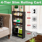MARTY Slim Rolling Storage Cart 4-Tier Kitchen Cart with Wheels, Laundry Room Storage with Handle Slide Out Utility Cart Shelving Unit Organizer Trolley for Narrow Places Bathroom Small Corner, Black