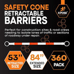 Retractable Barrier for Safety Traffic Cones - 2" OD - Large Yellow and Black Bar Barricade - for Road Construction, Parking, Warning, Temporary Security Divider (360, Orange & White, 53" x 84")