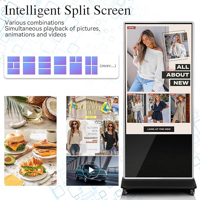 65" 4K LCD Touchscreen Digital Signage Display, Indoor Floor Standing Advertising Player, Commercial Digital Signage Kiosk with Auto AD Player, HDMI WiFi Bluetooth Input, Android 12.0 Black