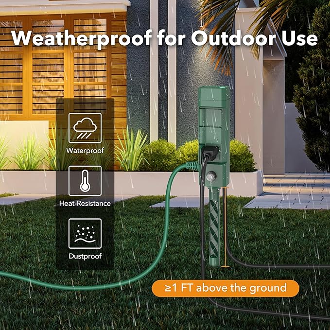 BN-LINK Outdoor Power Stake Timer 25FT Extension Cord Waterproof, Remote Control Photocell Dusk to Dawn Light Timer, 6 Grounded Outlets for String Lights & Christmas Decorations, ETL