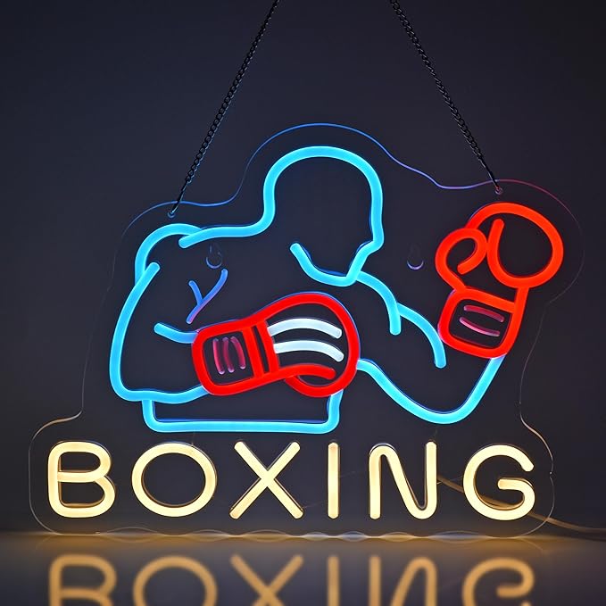 Boxing Neon Sign, Neon Lights Hanging Wall Art Decoration for Fitness Club Gym Sports Room Workout Game Room Man Cave Boys Gifts, USB Powered Ultra Bright Dimmable, 16.1 * 12.2 inches
