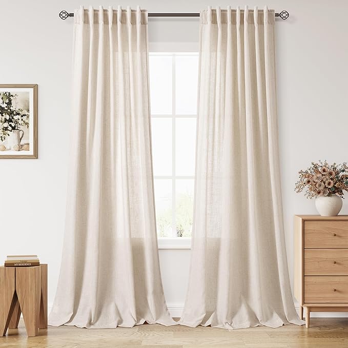Nanspring 108 Inch Long Curtains for Living Room Cream Beige Linen Modern Farmhouse Decor Light Filtering Semi Sheer Curtain Back Tab Luxury Floor to Ceiling High Window for Bedroom 52x108, 2 Panels