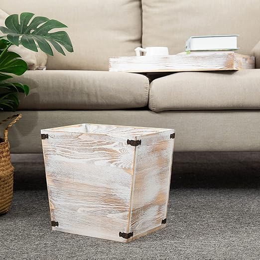 VERGOODR Grey Farmhouse Style Torched Wood Trash Can Waste Bin with Decorative Metal Brackets Trash Can for Bedroom,Living Room, Bathroom & Office (Washed White)