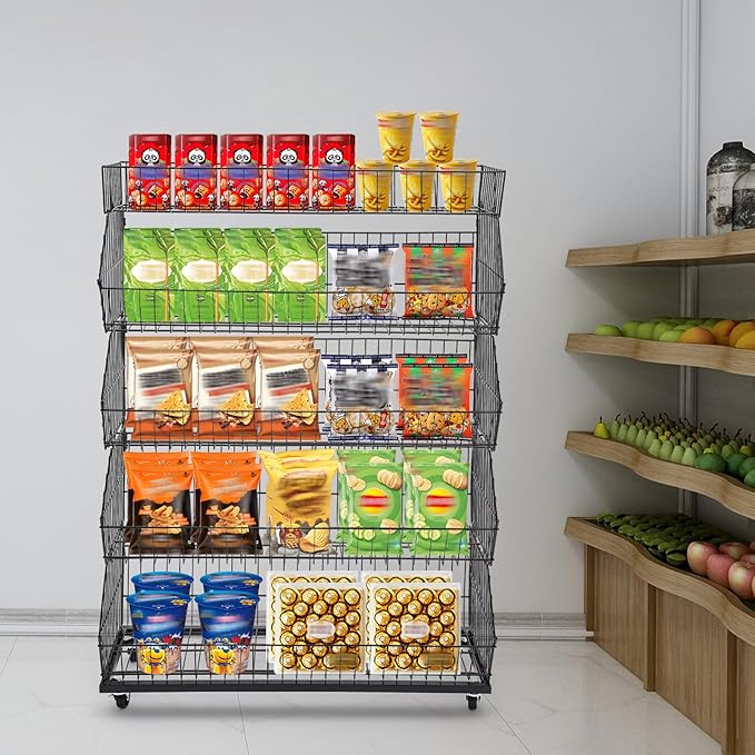 5 Tier Retail Display Rack, Rolling Storage Rack 5 Layers 35.43*16.93*53.54in Metal Display Shelf Fruit Vegetable Snack Basket Storage Supplies for Home Store Market (Black, 90*43*136cm)