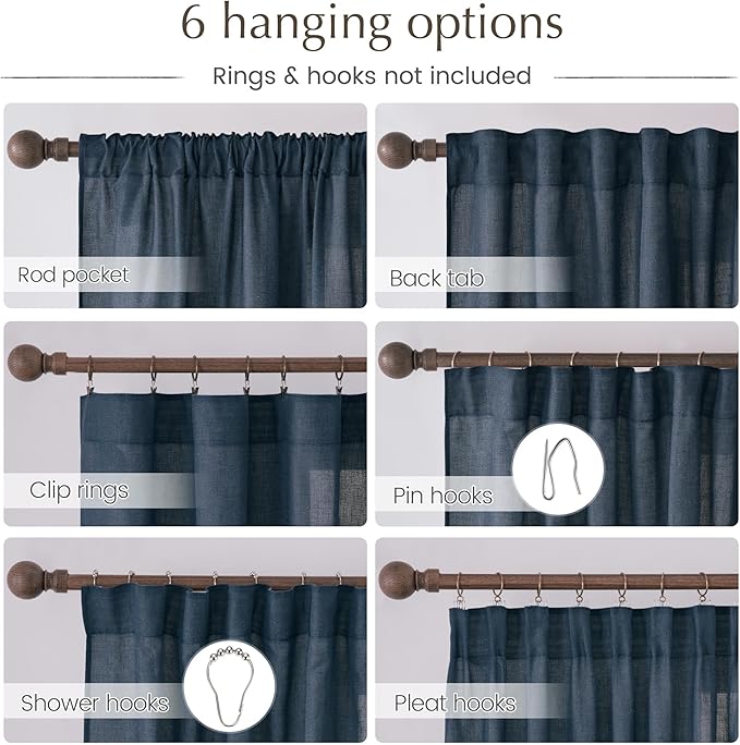 NICETOWN Thick Linen Semi Sheer Navy Blue Curtains 108 inches Long, Pleat Tape Semi Sheer Privacy Added with Light Filtering Window Treatments for Living Room/Bedroom, W52 x L108, 2 Panels