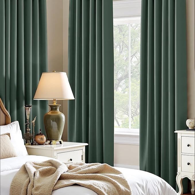 PONY DANCE Dark Green Kitchen Over Sink 45 inch Long, Short Blackout Window Curtains for Bathroom Basement, Thermal Insulated Black Out Drapes for Cafe Bedroom, W 42 x L 45 inch, 2 Panels
