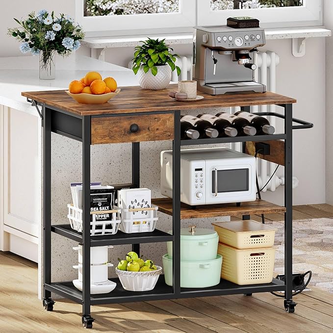 HOOBRO Kitchen Island with Power Outlet, Rolling Kitchen Cart with Drop Leaf, Island Table with Extendable Worktop and Adjustable Shelf, Kitchen Island Cart for Dining Room, Rustic Brown BF22UZD01