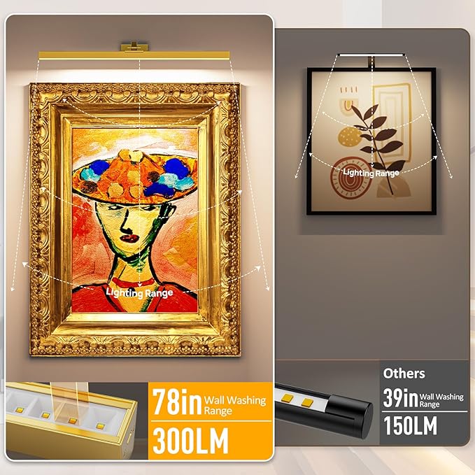 Picture Lights for Wall, 2PCS 24in Battery Operated Picture Light for Paintings CCT Dimmable Recharging Battery Wall Lamp with Remote Control for Living Room Gallery Dartboard Gold Color