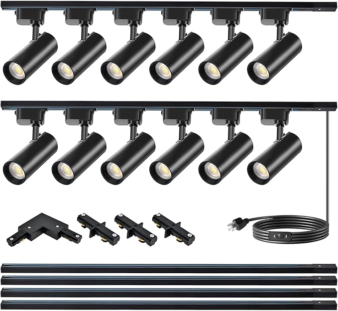 Ultra-Bright Black H Type Track Lighting Kit 3000K Warm White, 12 Heads 20W 2400lm with 13.1FT Track Rails, Dimmable Plug in LED Track Lights Modern Indoor Spotlight Fixture