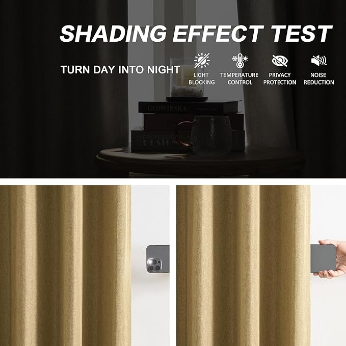DUALIFE Gold Tan Pinch Pleated Blackout Curtains 63 Inches Long, Back Tab with Hooks, Linen Full Black Out Thermal Insulated Track Curtain for Bedroom Living Room,40 W x 63 L, 2 Panels