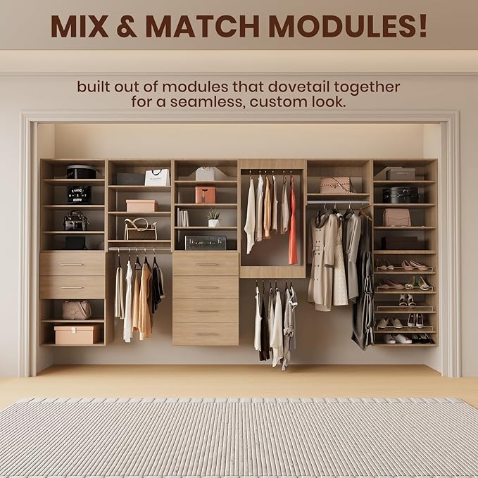 ROOMTEC 22.5" Medium Hanging Closet Unit, Modular Closet System with Hanging Rod, Wardrobe Organizer for Bedroom or Walk-in Closet, Wall Mounted, Customizable Clothes Storage Unit, Wood