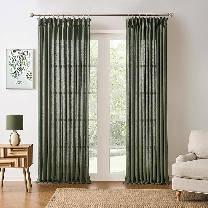 RAIN CITY 100 Inch Pinch Pleated Curtains 2 Panels Set Custom Length Olive Green, Semi Sheer Living Room Curtain Back Tab with Hooks, Privacy Back Tab Linen Window Drapes for Bedroom