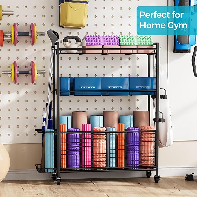 Large Garage Sports Equipment Organizer with Wheels, 3-Tier Ball Storage Rack for Basketballs, Soccer Balls & Sports Gear, Outdoor Sports Organizer with Bat Holder & Hooks, Toy Storage Bin