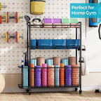 Large Garage Sports Equipment Organizer with Wheels, 3-Tier Ball Storage Rack for Basketballs, Soccer Balls & Sports Gear, Outdoor Sports Organizer with Bat Holder & Hooks, Toy Storage Bin