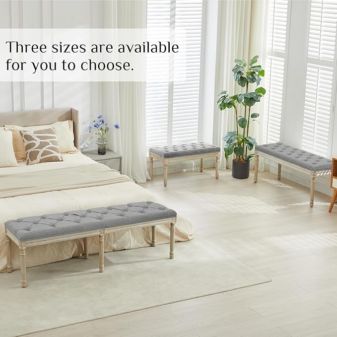 LOULENS 43.9" Linen Fabric End of Bed Bench, Vintage French Upholstered Button Tufted Entry Bench, Window Seat with Carved Wood Legs for Bedroom, Living Room, Entryway, Foyer, Hallway, Light Grey