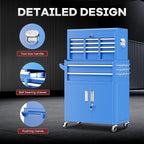 Bonusall 8 Drawer Rolling Tool Chest and Cabinet Combo,Heavy-Duty Metal Garage Tool Chest with Wheels and 2 Doors,2-in-1 Top Box and Roller Cabinet Combo for Garage, Workshop, Warehouse-Blue