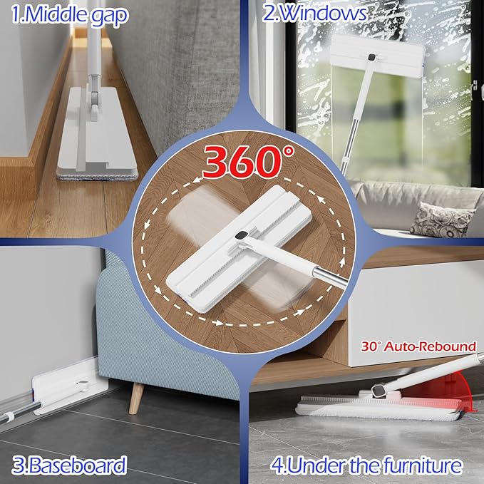 Mop and Bucket Set,Midyb Flat Mops and Bucket System with 2 Microfiber Pads,Mop and Bucket with Wringer Set,Automatic Separates Dirty and Clean Water,Wet and Dry Use Mops for Floor Cleaning