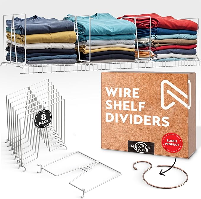 Tall White Wire Shelf Dividers for Closet Organization – Sturdy and Easy Set-Up Closet Shelf Dividers with Bonus Rose Gold Hanger (12 inch Wire Shelves, 8-Pack, Shorter Version - 7 inch Height)