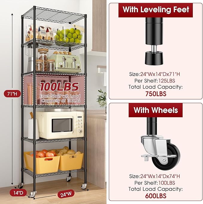 6-Tier Rolling Storage Shelves, 14" D x 24" W x 71" H Adjustable Space-Saving Wire Rack Shelving, 750 lbs Capacity Heavy Duty Metal Shelving with Wheels for Garage, Closet, Kitchen