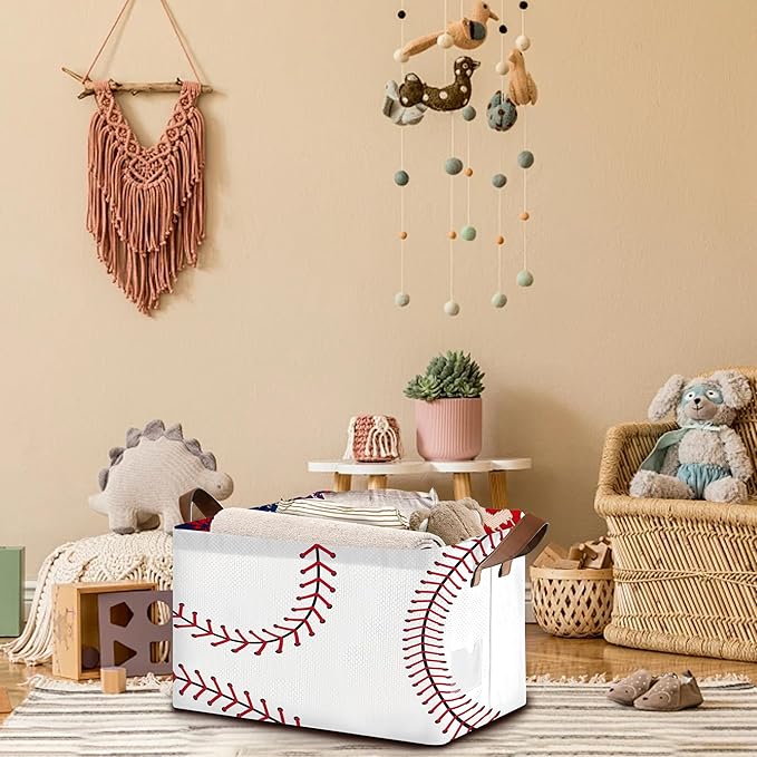 Baseball Texture Storage Basket Large 17x11.5x10.5 Inche-Collapsible Fabric Organizer Bin with Handles for Sports Gear,Toys,Laundry-Foldable Decorative Hamper with Stitched Leather Design-Single Pack
