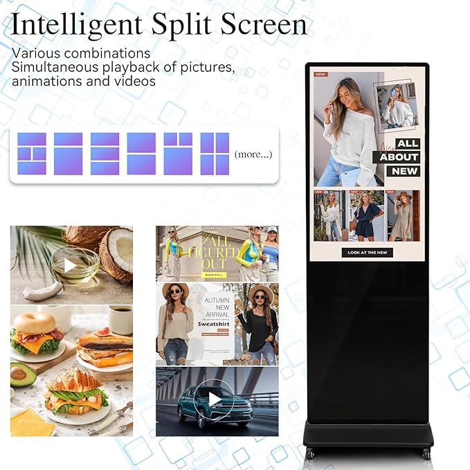 43" 4K LCD Digital Signage Display, Indoor Floor Standing Advertising Kiosk, Commercial Digital Signage Kiosk with Auto AD Box, HDMI WiFi Bluetooth Input, Android 12.0 Black