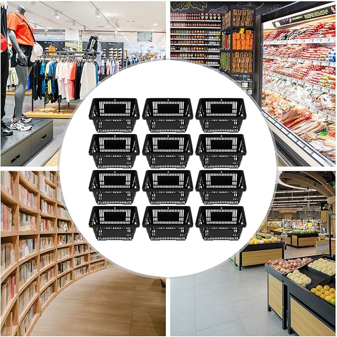 12PCS Shopping Baskets with Handles, Black Plastic Shopping Basket Set, 21L Portable Grocery Baskets with Handles, Grocery Shopping Basket Set for Stores, Supermarket, Retail,Shopping Carrying
