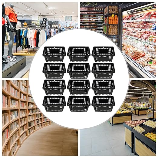 12Pcs Shopping Baskets with Handles, 21L Durable Plastic Shopping Basket, 22Lbs Load-Bearing Capacity, Stackable Portable Grocery Basket for Supermarket, Retail Shop, Bookstores (Black,16.9"X9"X11.8")