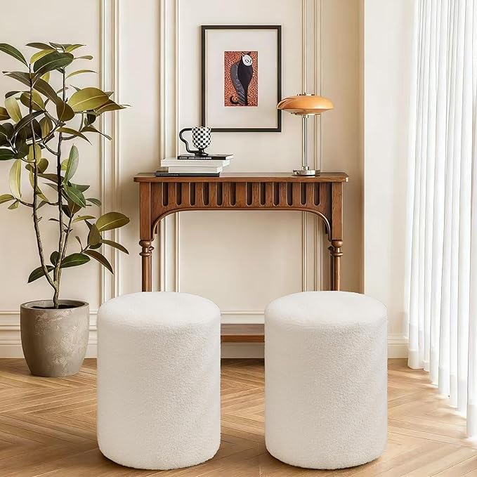 Modern Round Ottoman 2Pcs, Classic Foot Stool Ottoman, Teddy Fleece Upholstered Vanity Stool for Makeup, Bedroom, Living Room, White
