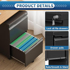2 Drawer File Cabinet with Lock,Rolling Vertical File Cabinets for Home Office,Small Metal Filing Cabinet Office Drawers Under Desk for A4-Size/Letter-Size/Legal-Size- Assembly Required/Black