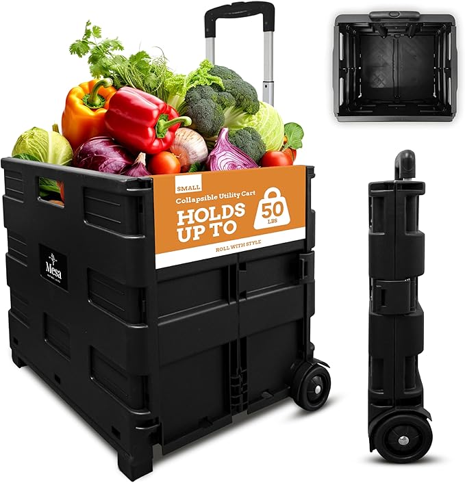 Inspired Living Ultra-Slim Rolling Collapsible Storage Pack-N-Roll Utility-carts, with Telescopic Handle, for Home, Garden, Shopping, Office, School use, Medium, Black