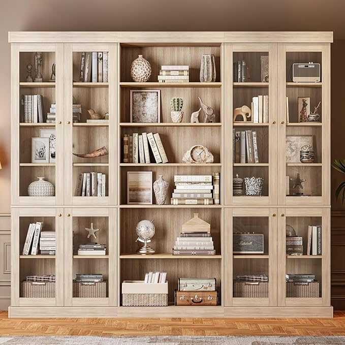 Vyre 70.8" Tall Farmhouse Bookshelf with Glass Doors, Modular Bookcase with 6-Tier Adjustable Shelves, Large Storage Cabinet for Kitchen, Living Room, Brown, Set of 3