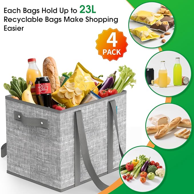 Fab totes Reusable Grocery Bags, Large Foldable Shopping Tote Bags with Reinforced Handles & Hard Bottom,4 Pack, Grey