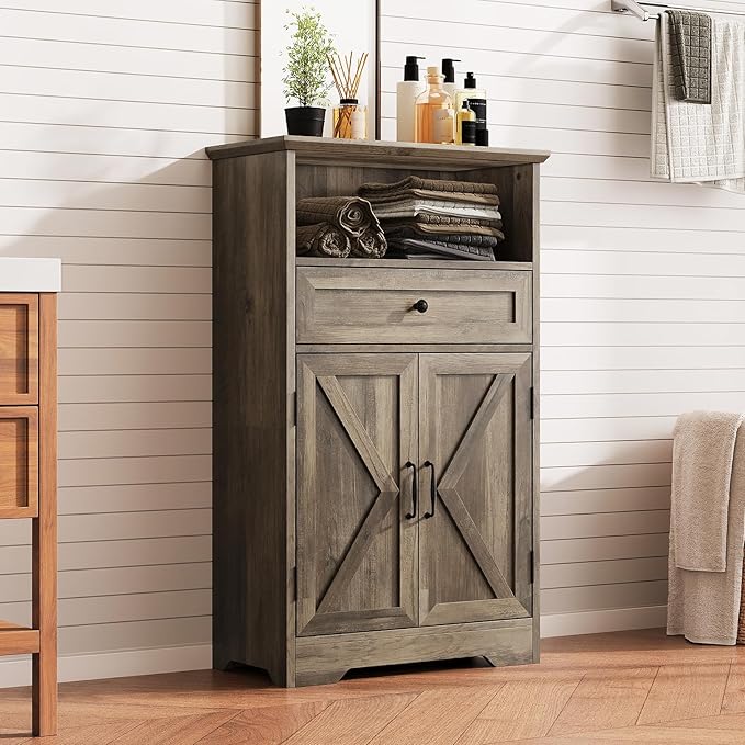 Floor Cabinet, Farmhouse Storage Cabinet with Barn Doors and Drawer, 11.81" D x 23.62" W x 39.37" H Grey Freestanding Adjustable Shelf Organizer for Bathroom, Kitchen, Living Room