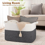 XXXL Supre Large Blanket Basket for Clothes, Towels, Pillows, 108L Cotton Rope Storage Basket for Living Room, Supre Large Woven Toy Storage for Kids, 25" x 16" x 16", Dark Grey and White