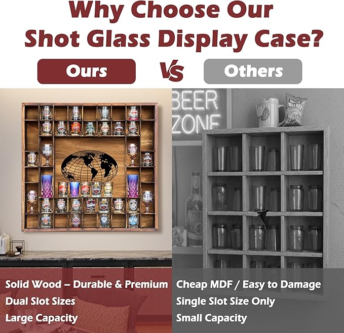 48 Shot Glass Display Case with Large World Map,28" x 27“ Solid Wood Shot Glass Holder,Wall Mounted Bar Cabinet for Wineglass Storage Decor (Brown)