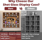 48 Shot Glass Display Case with Large World Map,28" x 27“ Solid Wood Shot Glass Holder,Wall Mounted Bar Cabinet for Wineglass Storage Decor (Brown)