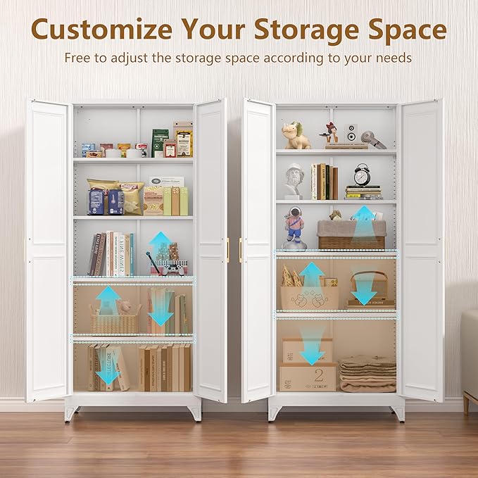Kitchen Pantry Cabinet, 75" H Metal Storage Cabinet with Doors and Shelves, 4 Standing Feet, Cupboard for Kitchen, Dining, Living Room, 16" D x 32" W x 75" H, White, Assembly Required