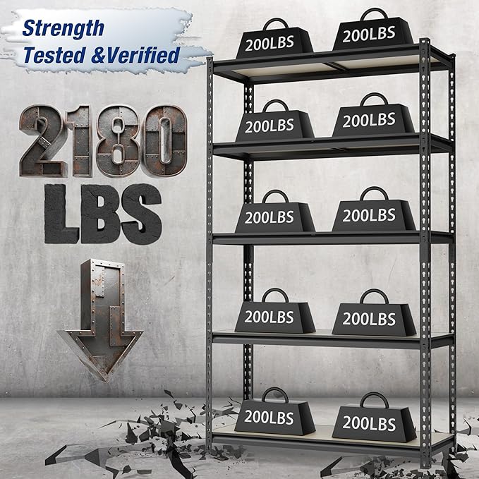 WORKPRO 2180LBS Garage Shelving Unit, Heavy Duty 5-Tier Adjustable Storage Shelf, Shelving Units and Storage for Kitchen, Basement or Pantry, 35.4”Wx15.7”Dx72”H, Black