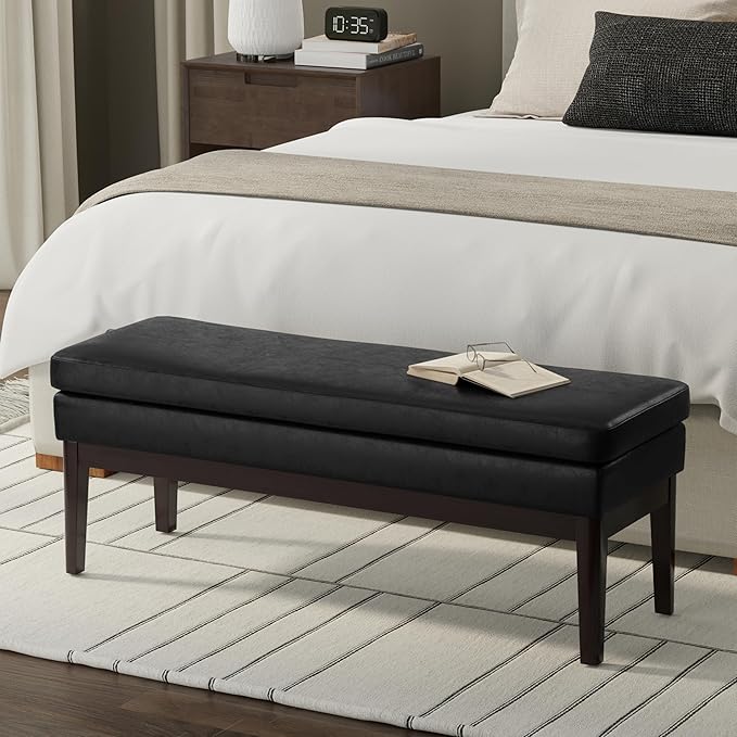 SIMPLIHOME Carlson Ottoman Bench - 45 inch Wide Upholstered Vegan Leather Rectangle Ottoman in Distressed Black, Mid Century Modern Bench for Bedroom, Entryway or Living Room with Padded Seat