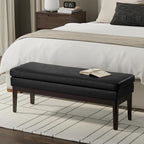 SIMPLIHOME Carlson Ottoman Bench - 45 inch Wide Upholstered Vegan Leather Rectangle Ottoman in Distressed Black, Mid Century Modern Bench for Bedroom, Entryway or Living Room with Padded Seat