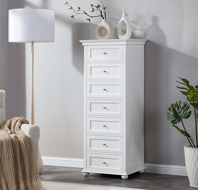 Tall White Dresser for Bedroom with 7 Drawers, 52" Tall Chest of Drawers Modern Wooden Lingerie Chest with Crown Molding and Solid Wood Ball Legs, Anti-0xidation Zinc Alloy Knob(White)