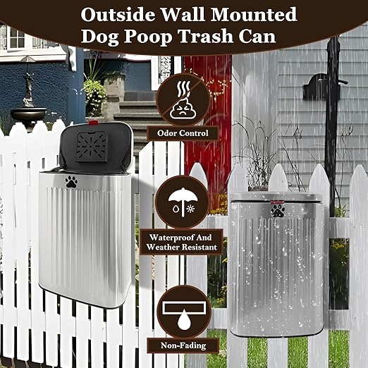 2.1Gal Dog Waste Trash Can, Wall-Mounted, Stainless Steel, 8L, Silver, Rectangular, Heavy Duty, Open-Top, 8.7 x 6.1 x 12.5 inches, 40 Bags Included