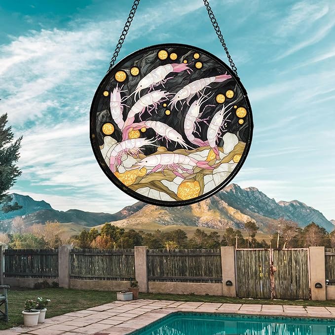 Stained Glass Window Hanging - Pink Shrimp Suncatcher for Doors Garden Marine Life Sun Catchers Decor Christmas Mother's Day Birthday Gifts for Women Men Mom Nana Friend Boys Girls 9.8 in
