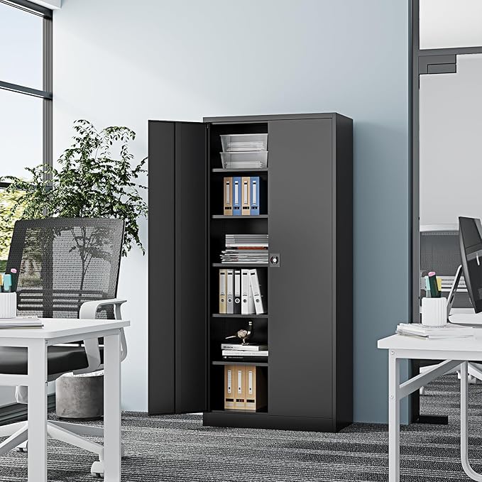 Metal Storage Cabinet-72” Black Tall Steel File Cabinets with Lockable Doors and Adjustable Shelves-Black Steel Storage Cabinet for Kitchen, Office, Garage