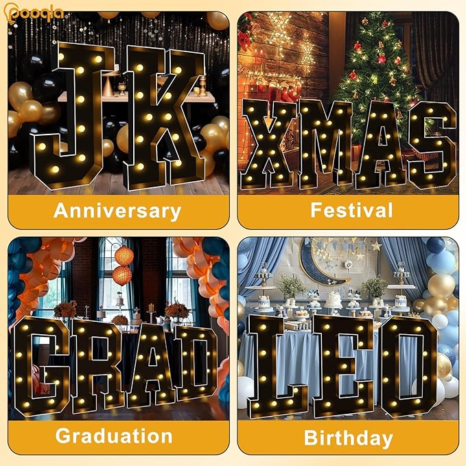 Pooqla 3 FT Marquee Light Up Letters, Black Marquee Letter Lights 3 Feet Tall, Giant LED Sign Big Mosaic Letters for Balloons Birthday Party Anniversary Wedding Decorations, Warm White F